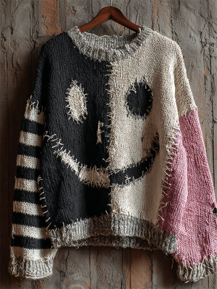 Halloween Spooky Face Contrast Stitched Cozy Knit Sweater elevenforest