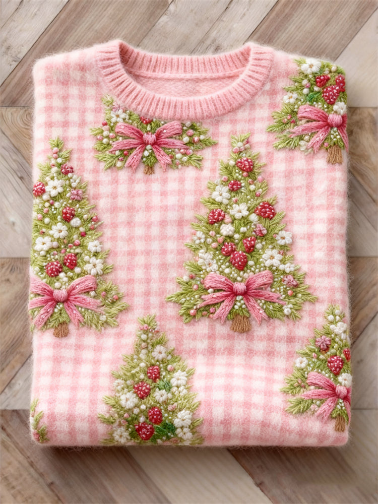 Cotton Sweater with Pink Checkered Christmas Tree Design