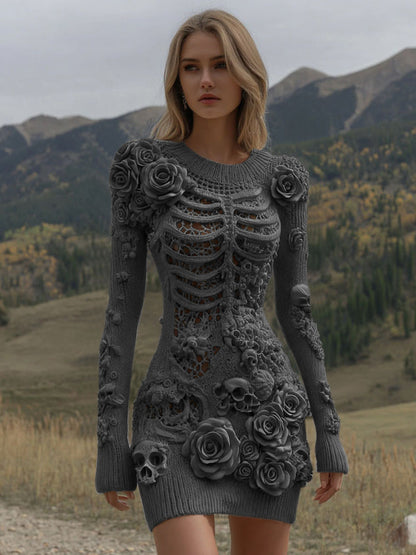 Comstylish Women's Vintage Halloween Skeleton Skull With Rose Art Cozy Sweater Dress
