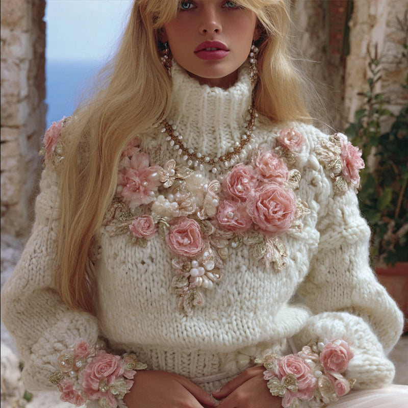 Cotton Sweater with Cream and Pink Rose Embellishments