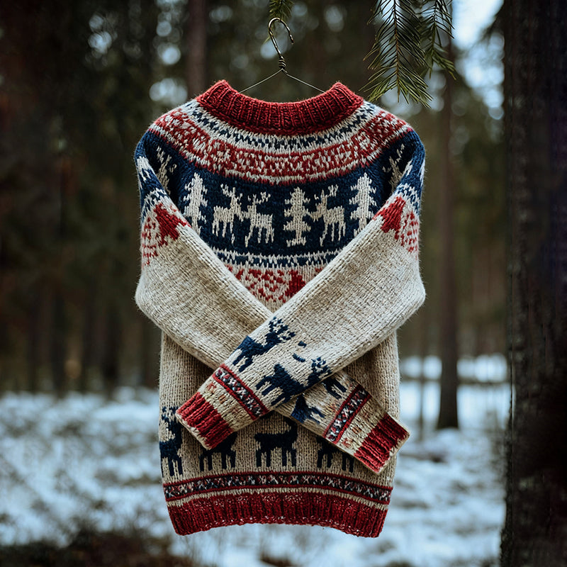 Cotton Sweater with Retro Christmas Pattern
