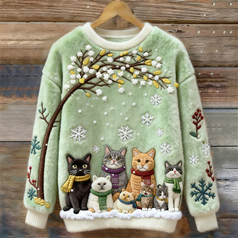 Cotton Sweater with Cats Under Snowy Tree with Scarves