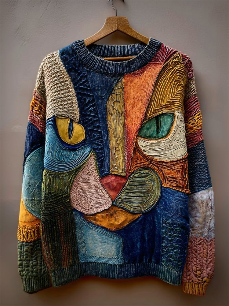 Vintage Cat Face Colorblock Patchwork Cozy Knit Sweater elevenforest