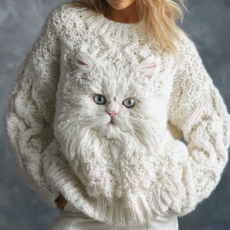 Wool Sweater with Fluffy White Cat Face