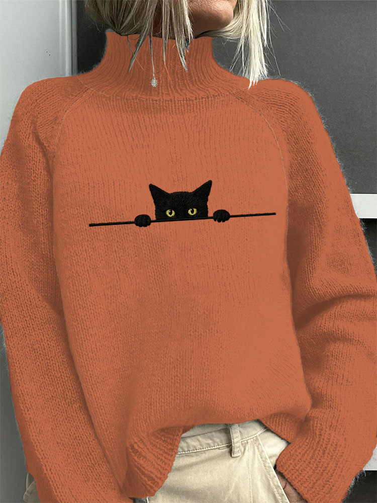 Comstylish Women's Casual Funny Black Cat Print High Neck Sweater