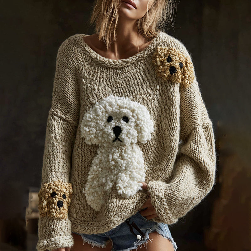 Knit Sweater with Fluffy Dogs Details