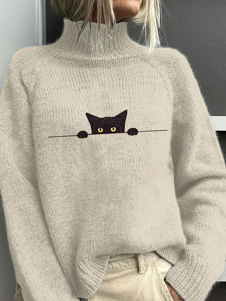 Women's Casual Funny Black Cat Print Sweater elevenforest