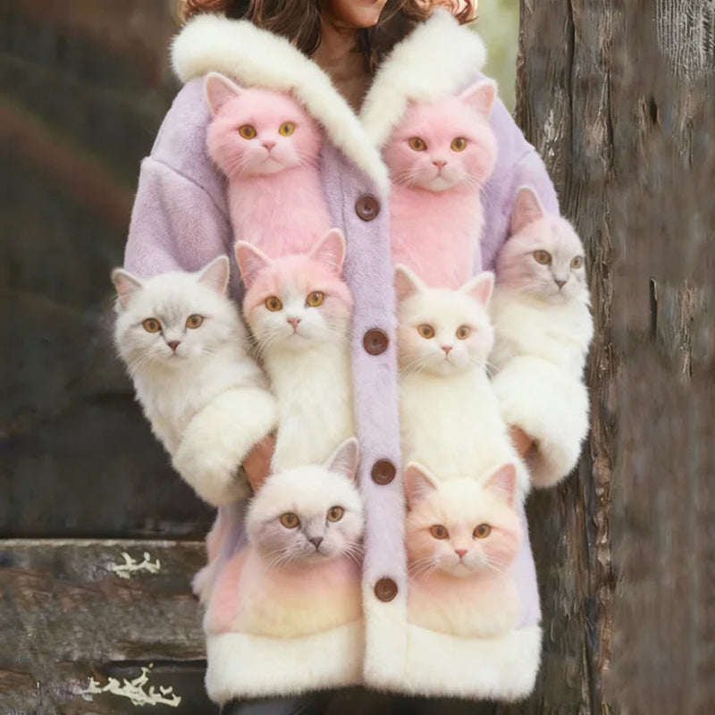 Wool Cardigan with Multiple Cat Print