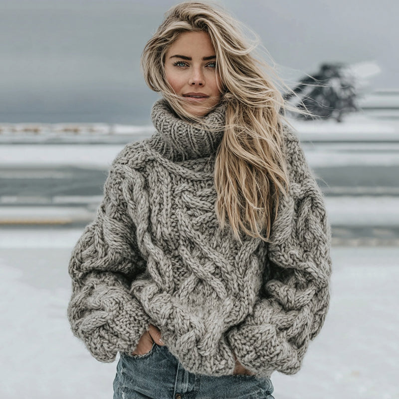 Cotton Sweater with Oversized Cable Knit and Turtleneck