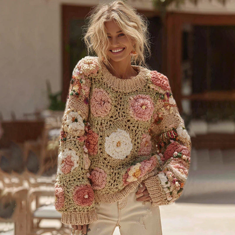 Cotton Sweater with Mixed Daisy and Rose Crochet Design