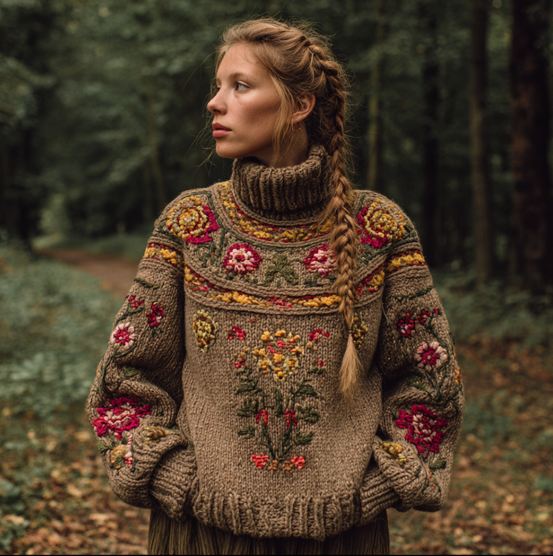 Cotton Turtleneck Sweater with Folk Embroidered Flowers and Ribbed Collar