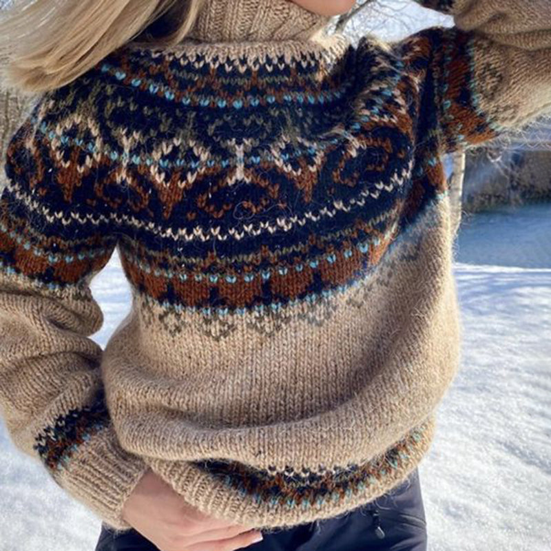 Vintage Icelandic Geometric Contrast Mid Neck Sweater elevenforest