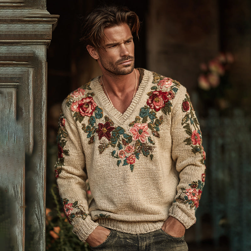Men's Floral Art Jacquard Thick Warm V Neck  Sweater elevenforest