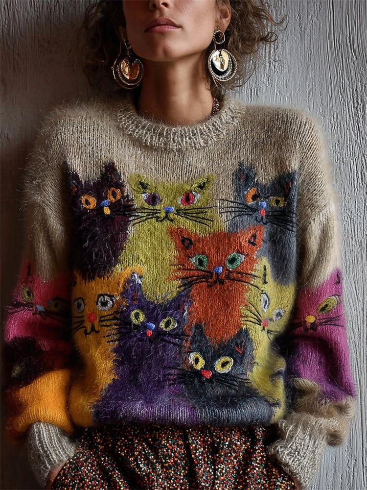 Comstylish Vintage Colorful Crowded Cats Cozy Knit Sweater
