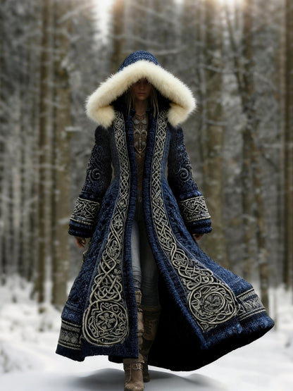Comstylish Women's Viking Celtic Knot Knitted Jacquard Cozy Fur Trim Hooded Cardigan