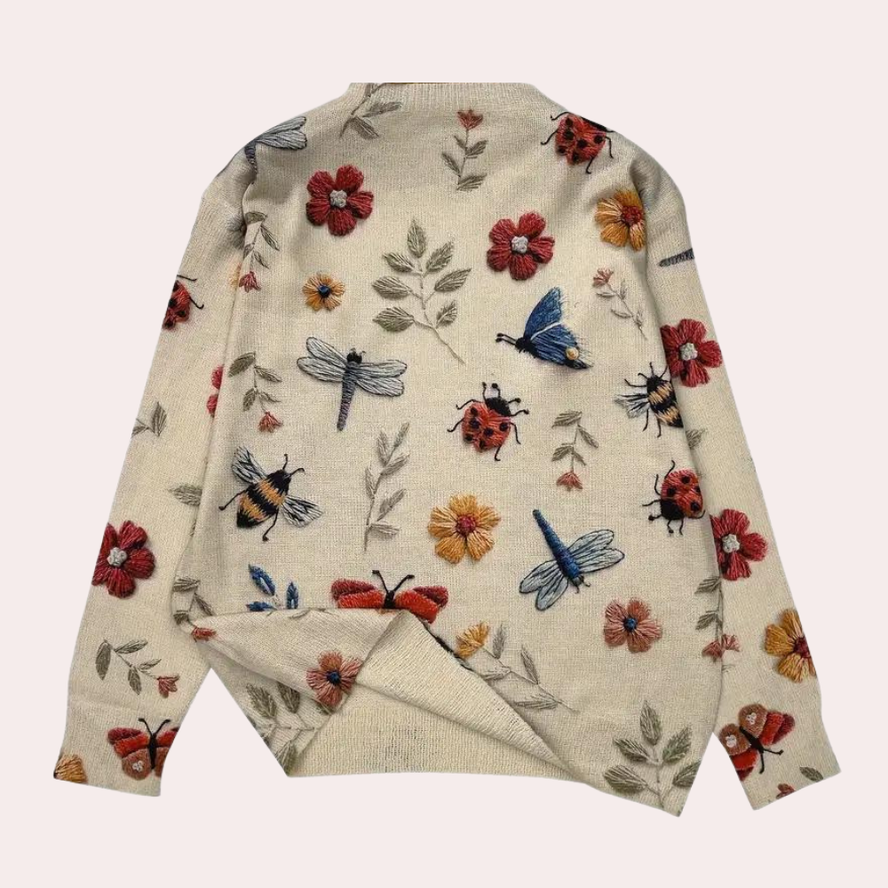 Cotton Sweater with Multi-Colored Knit Insects and Flowers