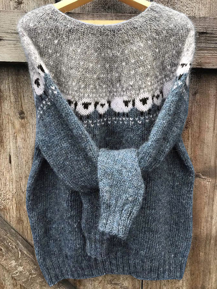 Cotton Sweater with Grazing Sheep Pattern
