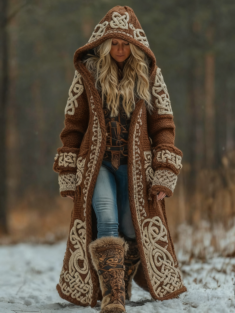 Wool Blend Hooded Long Coat with Celtic Knotwork and Tribal Appliqués