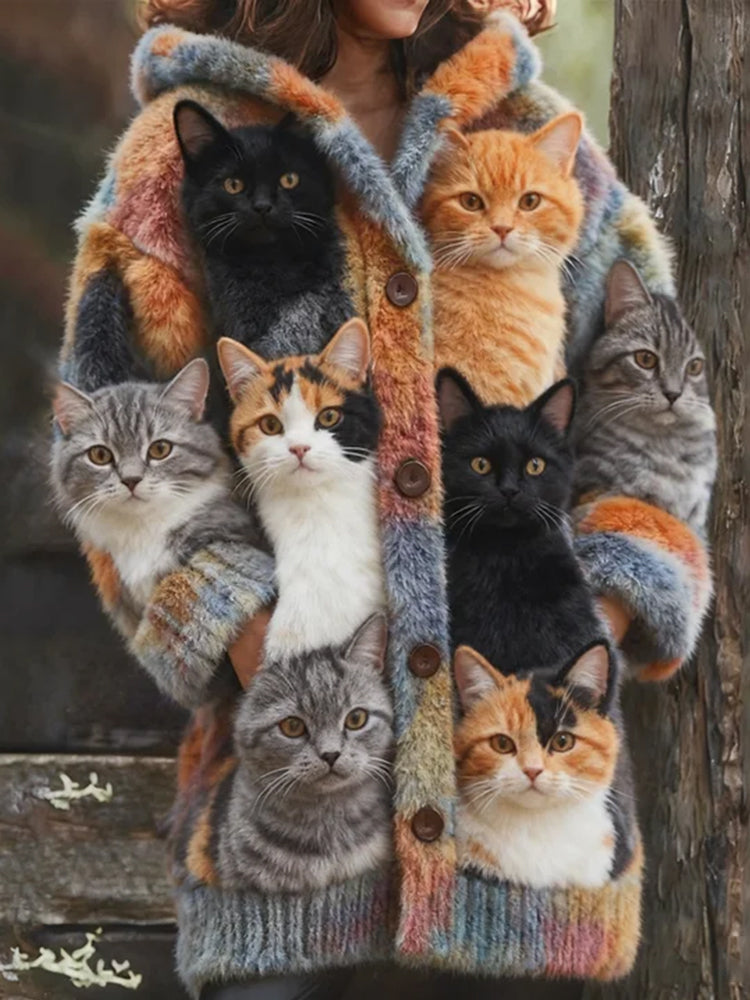 Wool Cardigan with Multiple Cat Print