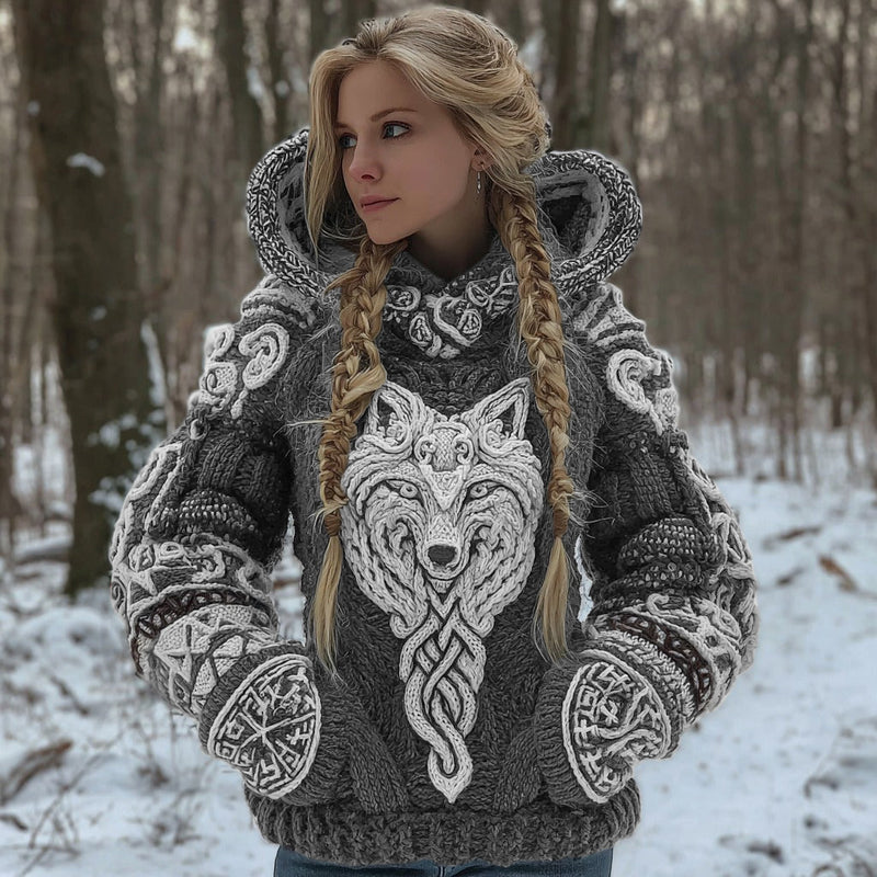 Cotton Blend Hooded Cardigan with Celtic Wolf Motif