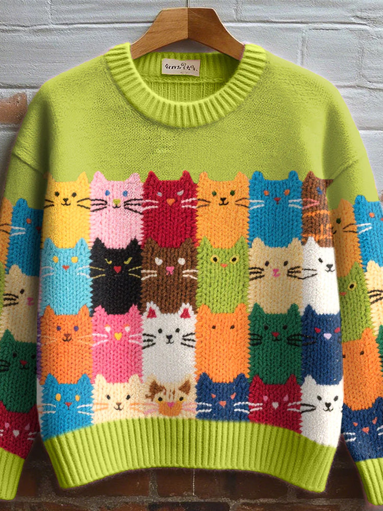 Wool Sweater with Rainbow Cat Grid Pattern