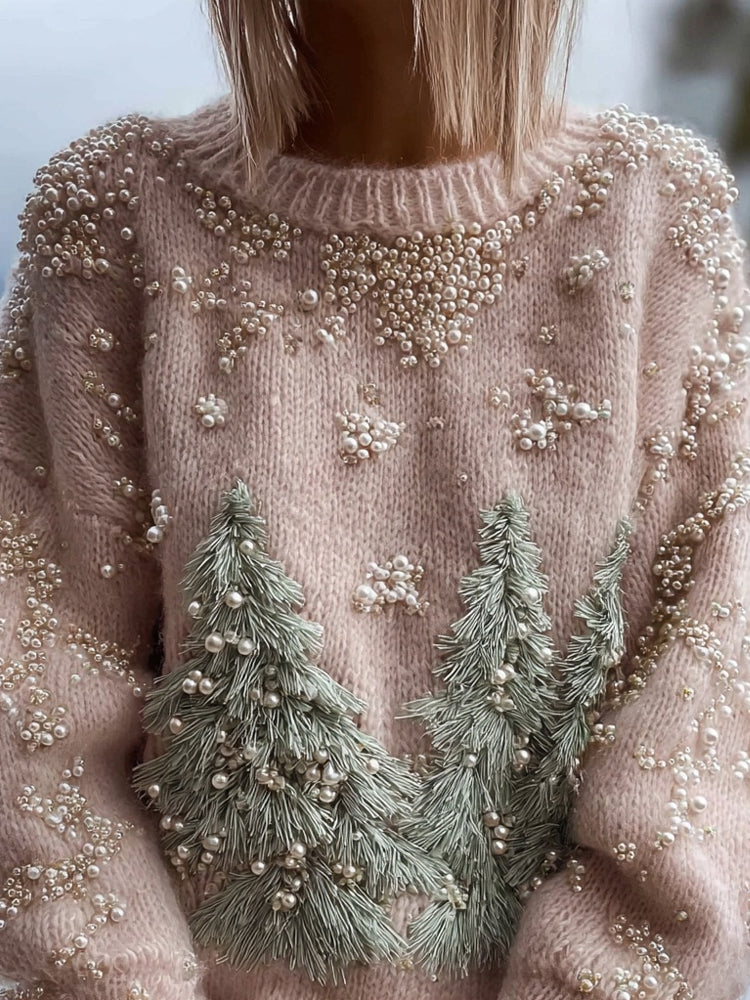 Cotton Sweater with Embroidered Forest Trees and Pearl Details