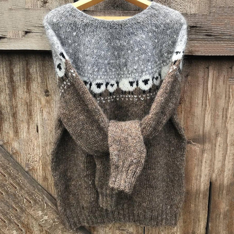 Cotton Sweater with Grazing Sheep Pattern